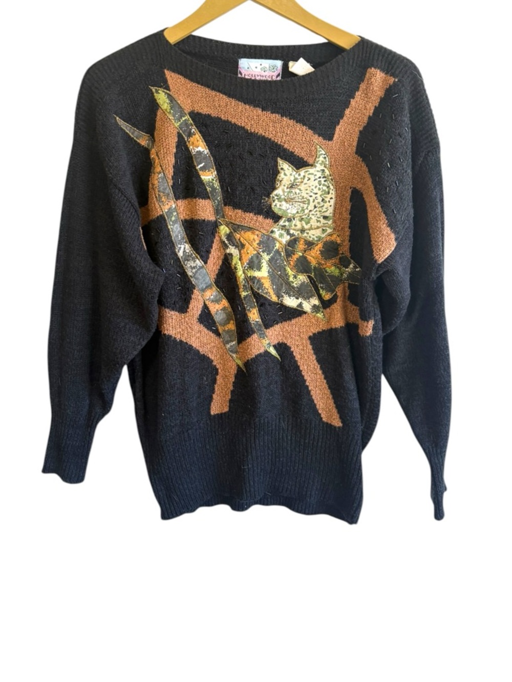 Vintage Hollywood & Vine Black Tan Geometric Cat Lady Sweater Beaded Artsy